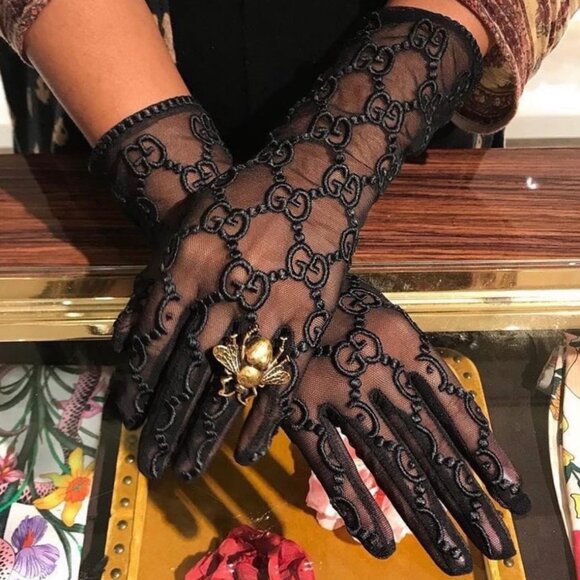 GUCCI GLOVES 787379 BLACK TULLE w GG LOGO MOTIF EMBROIDERY sz 8 / L - Picture 2 of 14